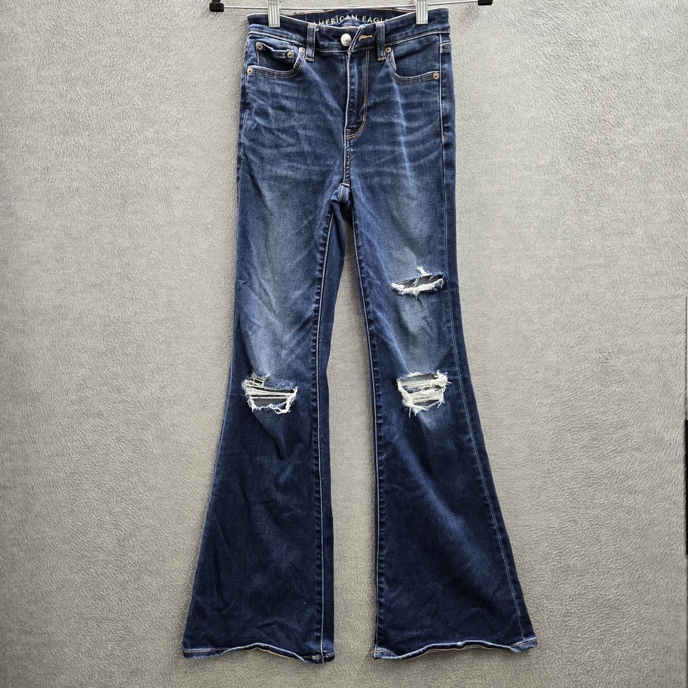 American Eagle Women Jeans 00 Blue Denim Super High Rise Flare Stretch Distress